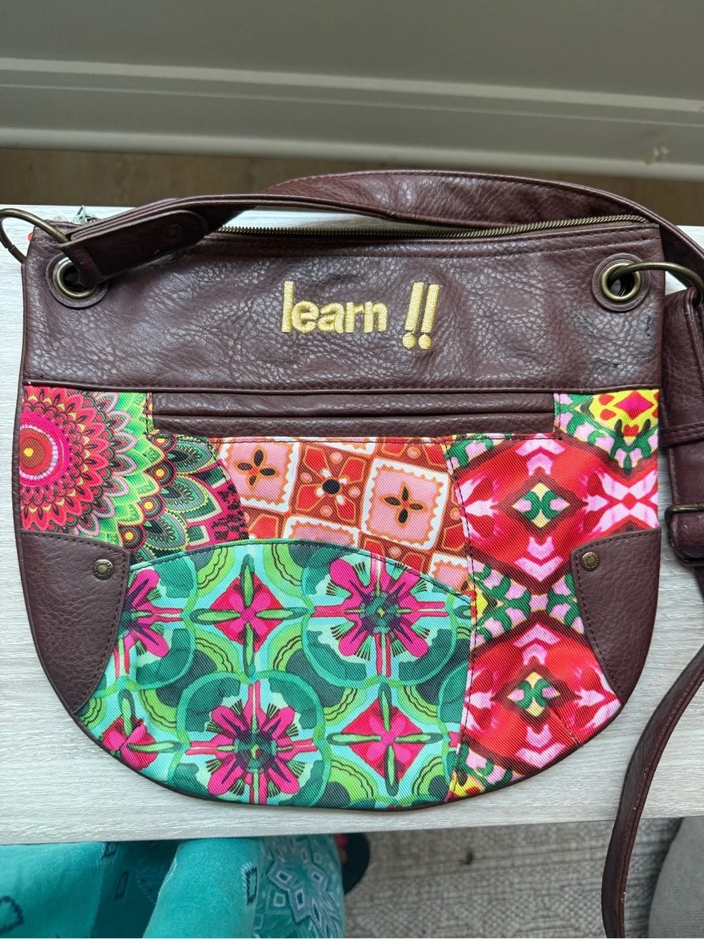 Desigual Multicolor Floral Geo Patch Crossbody with Brown Trim - Picture 6 of 17